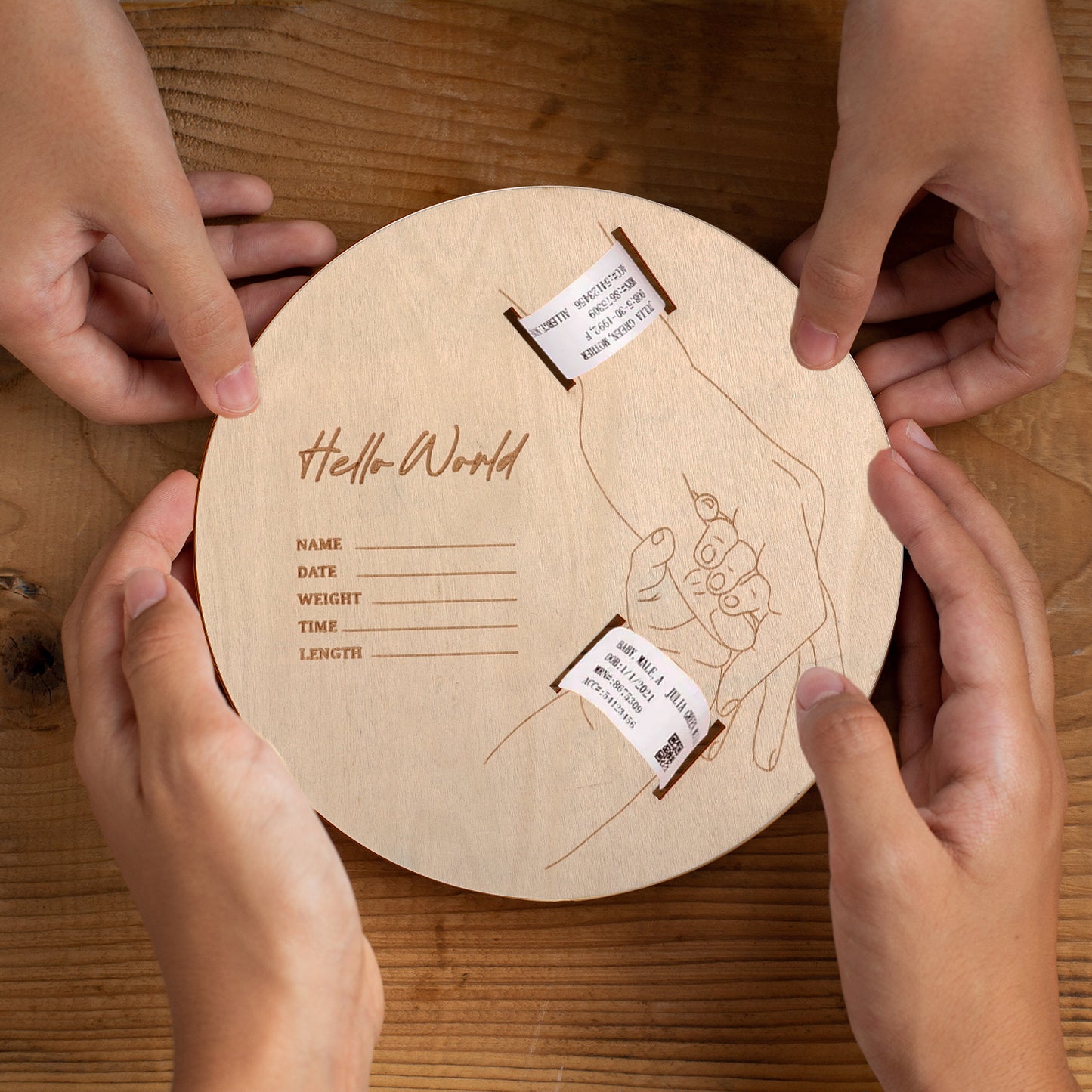Baby Wooden Announcement Disc Hospital Wristband Keepsake New Baby Gift